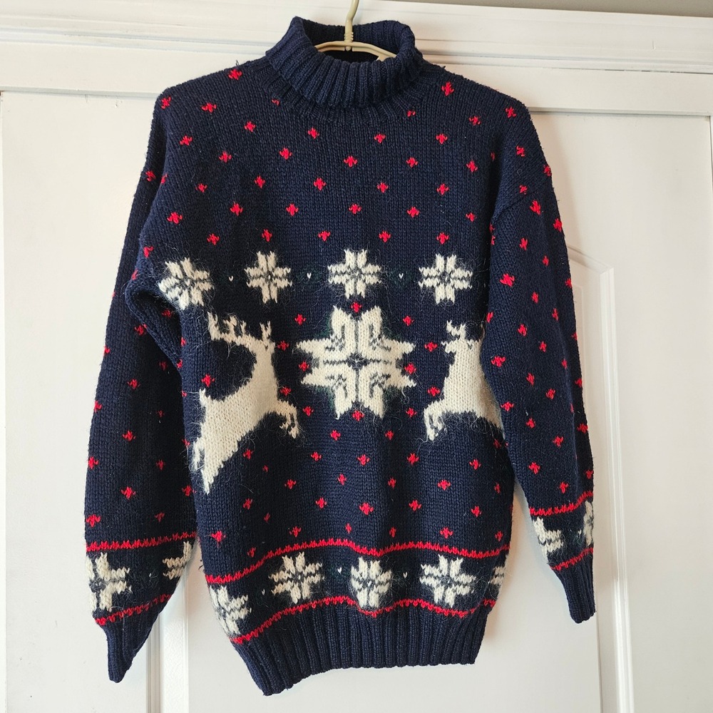 Vtg‎ Hand Knit Sweater Size M Mohair Navy Blue Reindeer Fair Isle Nordic Holiday